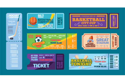 Sport tickets. Football hockey action events invitation templates flye