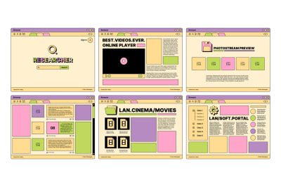 Retro web pages. 80s old style ui template web design elements buttons