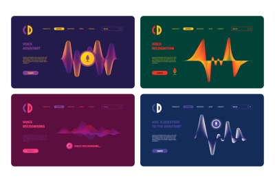 Audio assistant. Sound waves and microphones colored landing pages tem