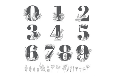 Flower ornate numbers. Decorative floral alphabet elements botanical f