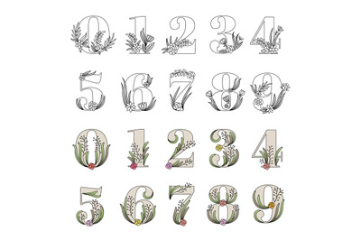 Decorative numbers. Floral alphabet botanical flowers stylized symbols