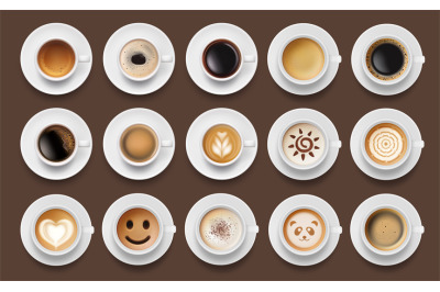 Coffee drinks. Espresso foam top view cappuccino americano different d