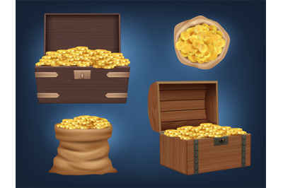 Gold chest. Realistic sack and wooden pirate chest with treasures old