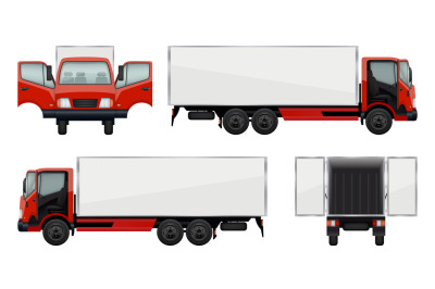 Delivery trucks. Cars opening doors realistic vehicles in various view