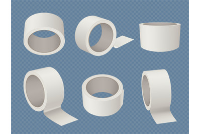 Tape roll. 3d mockup of white realistic office sticky round transparen