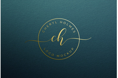 Feminine Gold Foil Stamping Logo Mockup on Blue Textured Paper