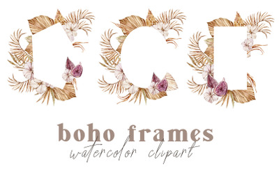 Watercolor boho floral frames clipart- 3 png files
