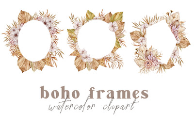 Watercolor boho floral frames clipart- 3 png files