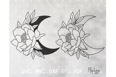 Boho Moon SVG &amp; PNG clipart, peony, floral