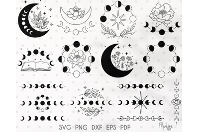 Moon phases bundle SVG &amp; PNG Celestial clipart, Peony Floral