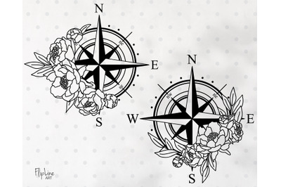 Peony Compass rose SVG &amp; PNG clipart, Floral Compass Clipart