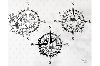 Peony Compass rose SVG &amp; PNG clipart, Floral Compass Clipart