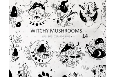 Witchy Magic Mushrooms SVG &amp; PNG bundle clipart, Moon phases