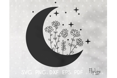 Boho Moon SVG &amp; PNG clipart, Celestial clipart flowers.