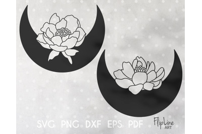 Peony with Crescent moon SVG &amp; PNG clipart, Floral cut file