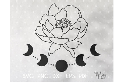 Peony with Moon phases SVG &amp; PNG clipart, Floral cut file