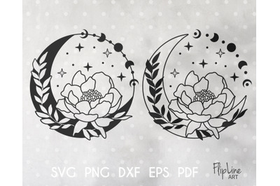 Bohemian moon SVG &amp; PNG clipart, Peony svg