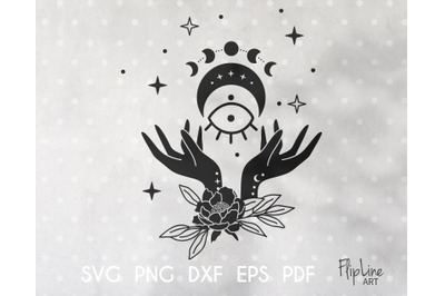 Boho Witch Hands SVG &amp; PNG clipart, moon phases.