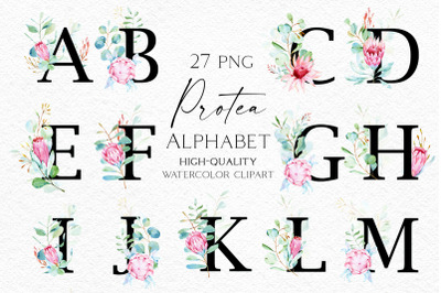 Tropical pink wedding alphabet clipart, Watercolor protea eucalyptus pastel floral alphabet png for baby shower, Feminine logo letters 063