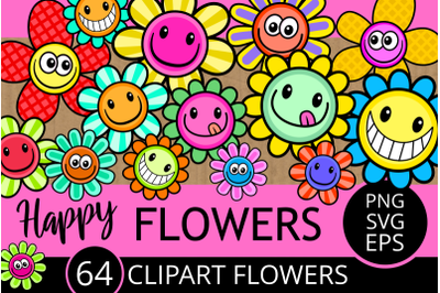 Happy Cartoon Summer Flowers - 64 Clipart Mega Pack 2