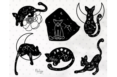 Celestial Cats SVG &amp; PNG bundle clipart. Moon cat.