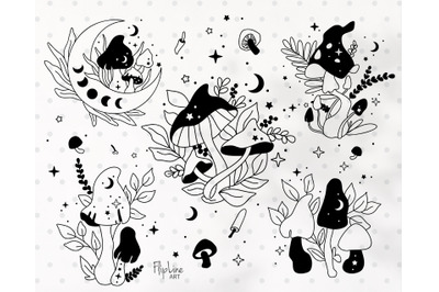 Witchy Magic Mushrooms SVG &amp; PNG bundle clipart, Moon phases
