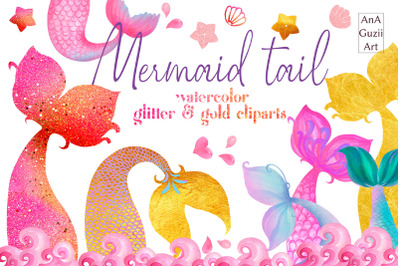 Watercolor mermaid tail clipart