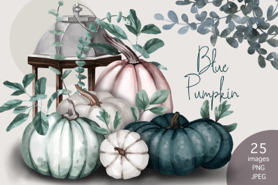 Halloween watercolor clip art. Autumn pumpkins, green and white, fall