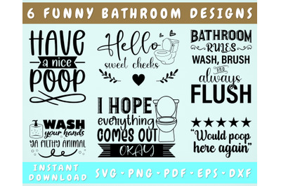 Funny Bathroom Quotes SVG Bundle&2C; 6 Designs&2C; Bathroom Sign SVG&2C; PNG