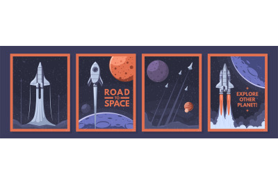 Space shuttle and rockets posters. Rocket launch, explore other planet