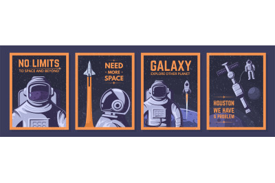 Astronaut posters. Space explorer, cosmos adventures and open space ve