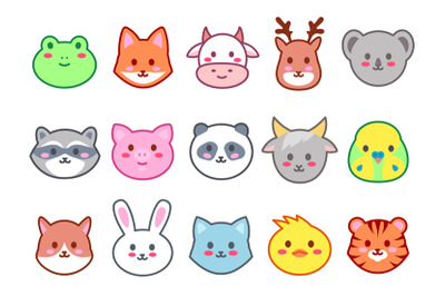 Kawaii animals. Cute zoo faces, smiling animal heads cartoon vector Il