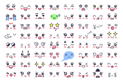 Kawaii faces. Cute eyes&2C; expressive emotion face and japanese style fa