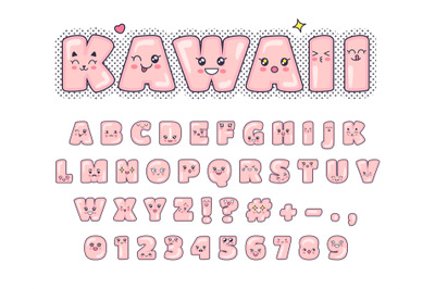 Kawaii font. Cute alphabet letters with adorable smiling faces. Styliz