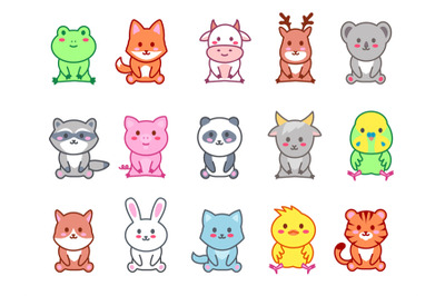 Sitting little animals. Kawaii zoo characters, cute animal with happy