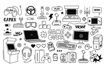 Video games doodle. Gaming controller, retro arcade console and game i