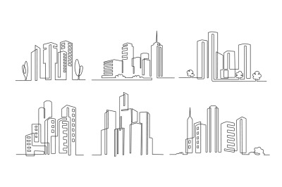 One line city. Skyscraper buildings, linear town cityscape and modern