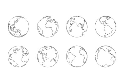 One line globe. Planet earth, global map sketch and hand drawn world g