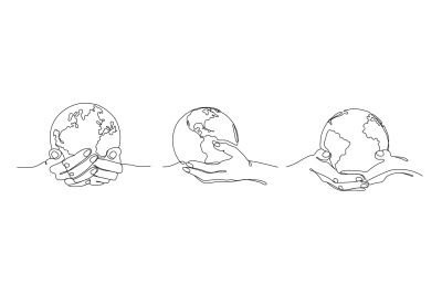 Hold world in hands. Carry earth, one line globe in hand and global su