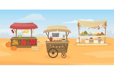 Street fair. Grocery food, spices and coffee stalls vector illustratio