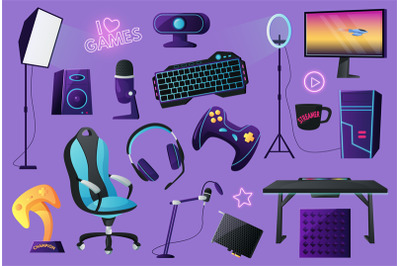 Streamer room assets. Gaming keyboard, chair and headphones. Gamer ite