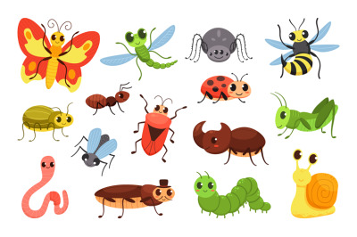 Cartoon insects. Happy bugs, cute little beetle and smiled caterpillar