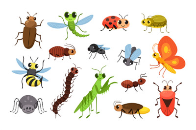 Cute cartoon insects. Happy bugs&2C; smiling fly and little mantis vector