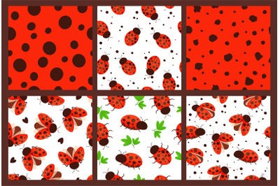 Ladybug patterns. Red dots texture, garden bugs and seamless ladybugs