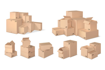 Realistic box stack. Stacked cardboard boxes, parcel pile and realisti