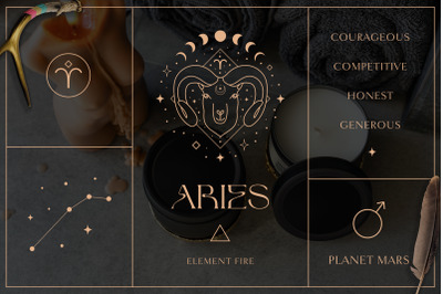 Aries Zodiac Sign Logo Branding Design Kit. Brown and White, Line Art
