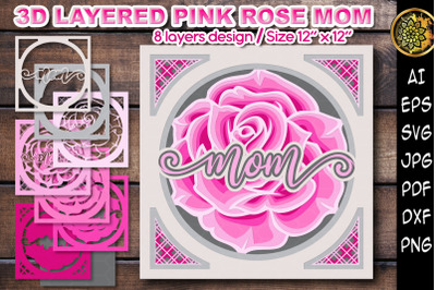 3D Pink Rose MOM Multi-layered Flowers Papercut SVG Clipart