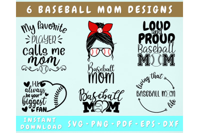 Baseball Mom SVG Bundle, 6 Designs, Baseball Mom Shirt SVG, PNG