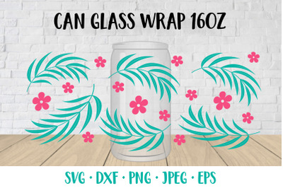 Tropical leaves beer can glass wrap template SVG