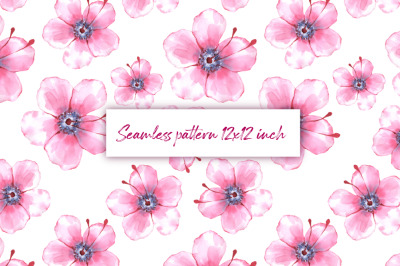 Pink floral seamless pattern, watercolor flowers